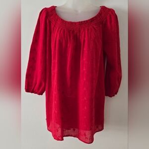 Vintage Faded Glory Red Eyelet Peasant Top Sz Medium 3/4 Length Sleeves Euc